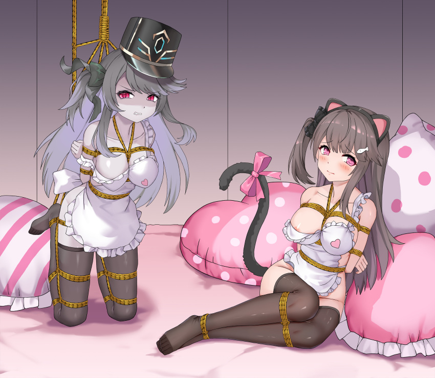 2girls absurdres animal_ears apron arms_behind_back azur_lane bare_shoulders bdsm black_hair blush bound bound_arms bound_legs breasts brown_hair cat_ears cat_tail cleavage clenched_teeth commentary_request embarrassed fish_hair_ornament frilled_apron frills full_body glaring groin haimei1980 hair_ornament hair_over_one_eye hanging hat heart highres hip_focus indoors kneeling large_breasts legs_folded long_hair looking_at_viewer medium_breasts multiple_girls naked_apron nervous nipple_slip nipples no_bra no_panties pamiat_merkuria_(azur_lane) pamiat_merkuria_(mercurial_chocolate_love)_(azur_lane) pamiat_merkuria_(meta)_(azur_lane) pink_eyes pink_ribbon red_eyes restrained ribbon shaded_face shibari side_ponytail strap_slip suspension tail tail_ornament tail_ribbon teeth thighhighs very_long_hair white_apron