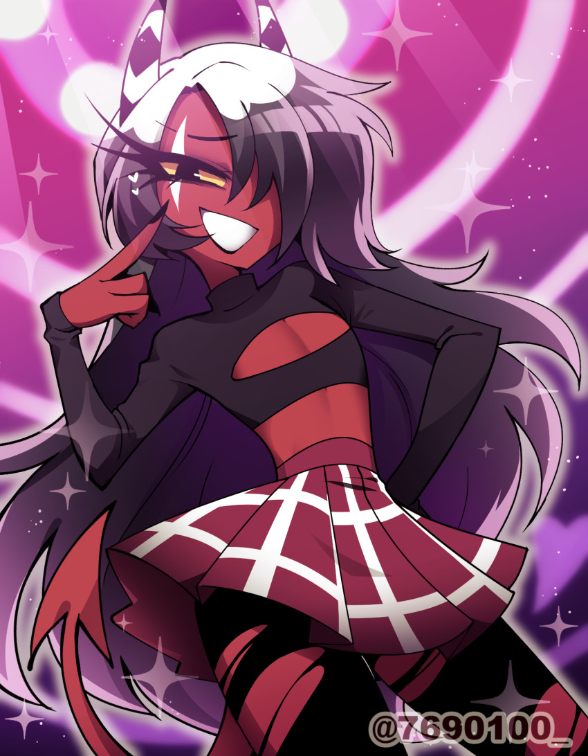 1girl :d bags_under_eyes black_eyes black_hair black_horns black_lips black_nails black_pantyhose black_shirt cleavage_cutout clothing_cutout colored_sclera colored_skin commentary_request contrapposto crop_top cropped_shirt demon_girl demon_horns demon_tail eyelashes fewer_digits finger_to_cheek fingernails flat_chest from_below gradient_background grey_outline grin hair_over_one_eye hand_on_own_hip hand_up heart hellaverse helluva_boss high-waist_skirt highres horns light_particles long_hair long_sleeves looking_at_viewer menattou miniskirt multicolored_hair multicolored_horns nail_polish official_alternate_costume official_alternate_hairstyle one_eye_covered open_mouth outline pantyhose plaid_clothes plaid_skirt pleated_skirt red_skin red_skirt red_tail roots_(hair) sallie_may_(helluva_boss) scar scar_across_eye scar_on_face sharp_fingernails shirt simple_background skirt sleeves_past_wrists smile solo sparkle standing striped_horns tail torn_clothes torn_pantyhose tsurime turtleneck turtleneck_shirt twitter_username two-tone_hair two-tone_horns very_long_hair white_hair white_horns wide_hips yellow_sclera