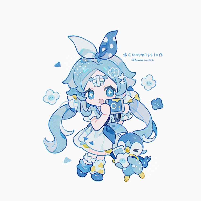 1girl :d bandaid bandaid_on_face bandaid_on_forehead blue_eyes blue_hair blue_necktie blue_ribbon blue_shoes chibi chibi_only commission cross-shaped_pupils dress full_body gen_4_pokemon hair_ribbon highres kanae_(cookie) long_hair looking_at_viewer low_twintails necktie nintendo open_mouth original parted_bangs piplup pokemon pokemon_(creature) polka_dot polka_dot_ribbon ribbon shoes short_sleeves simple_background smile socks standing symbol-shaped_pupils thick_eyebrows twintails twitter_username two-tone_ribbon white_background white_dress white_ribbon white_socks