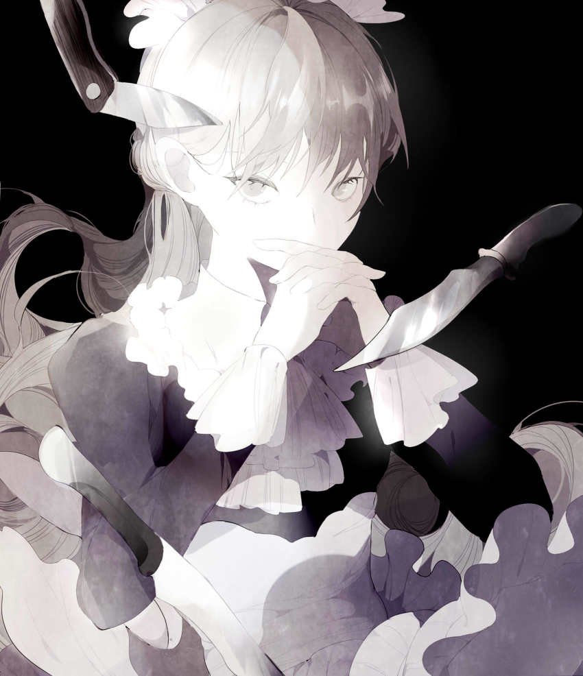 1girl apron ascot black_background collared_dress covered_mouth covering_own_mouth dress floating floating_clothes floating_hair floating_object frilled_apron frills grey_eyes grey_hair half_updo covering_own_mouth hands_up highres interlocked_fingers knife long_hair long_sleeves looking_at_viewer maid maid_apron maid_headdress n79oqc3yja6jlof original own_hands_together solo three_monkeys upper_body very_long_hair waist_apron white_ascot
