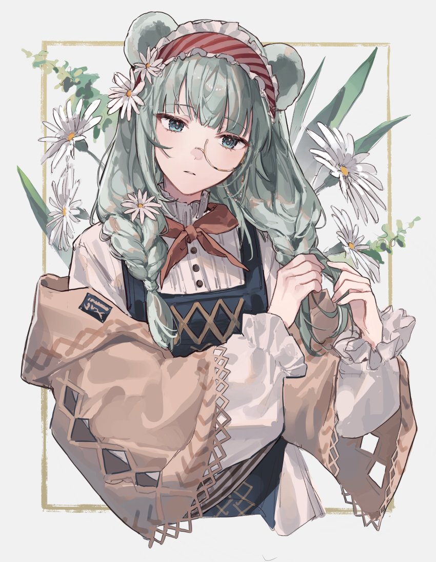 1girl absurdres animal_ears arknights bear_ears bear_girl blue_eyes blue_hair blue_overalls braid brown_cardigan cardigan cropped_torso flower frilled_hairband frills hair_flower hair_ornament hairband highres holding holding_own_hair istina_(arknights) istina_(bibliosmia)_(arknights) long_hair looking_at_viewer monocle neckerchief off_shoulder official_alternate_costume open_cardigan open_clothes orange_neckerchief overalls parted_lips red_hairband ryat shirt solo striped_clothes striped_hairband twin_braids tying_hair upper_body white_flower white_shirt