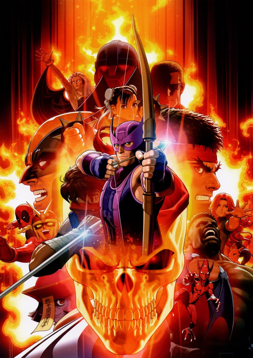 00s 10s 5girls 6+boys albert_wesker bow_(weapon) bruce_banner capcom chun-li clint_barton darkstalkers deadpool deadpool_(series) felicia_(darkstalkers) fire flaming_skull ghost_rider hawkeye_(marvel) highres holding holding_bow_(weapon) holding_weapon hsien-ko hulk marvel marvel_vs._capcom marvel_vs._capcom_3 mecha mori_toshiaki multiple_boys multiple_girls official_art phoenix_(x-men) red_arremer resident_evil robot ryu_(street_fighter) sentinel_(x-men) skull storm_(x-men) street_fighter strider_hiryuu viewtiful_joe weapon wolverine_(x-men) x-men
