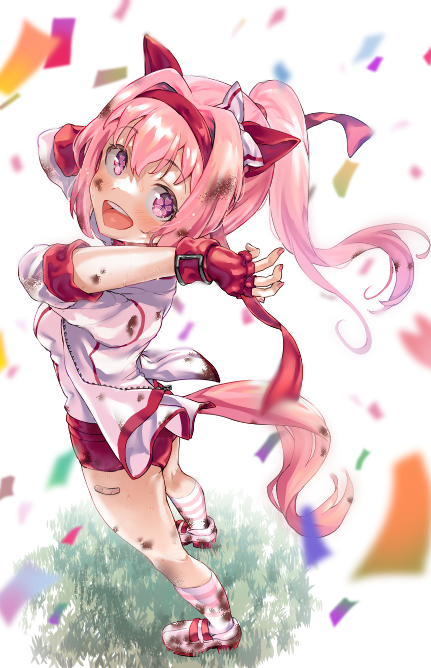 1girl animal_ears arms_up ass bandaid bandaid_on_leg boshi_(a-ieba) bow buruma confetti dirty ear_bow ear_covers fingerless_gloves flower-shaped_pupils flower_in_eye from_behind full_body gloves gym_uniform hair_bow hair_intakes haru_urara_(umamusume) headband highres horse_ears horse_girl horse_tail jacket kneehighs kneepits legs long_hair looking_at_viewer looking_back mud open_mouth pink_eyes pink_hair ponytail red_buruma red_gloves red_headband ribbon shirt shoes smile socks solo striped_clothes striped_socks sweat symbol-shaped_pupils symbol_in_eye tail thighs umamusume white_jacket white_shirt white_shoes
