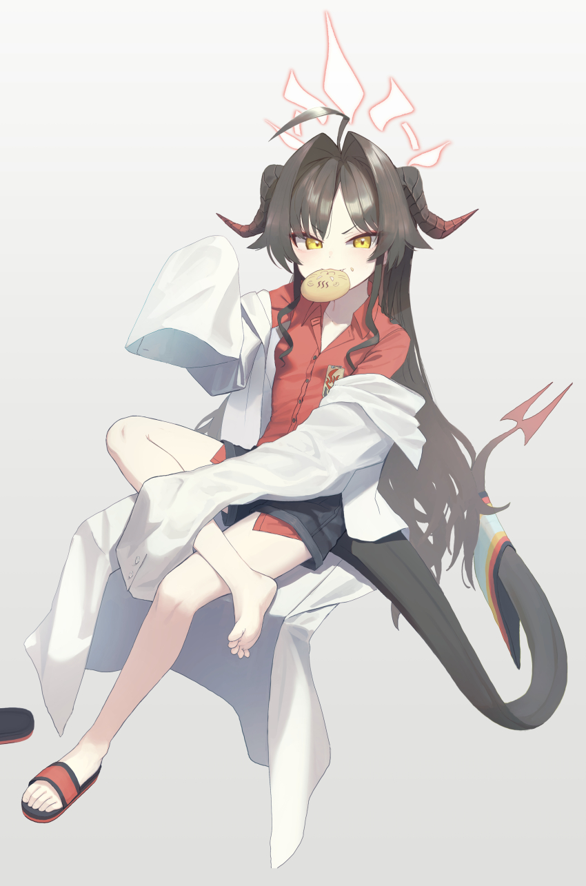 1girl :3 absurdres ahoge bare_legs barefoot blue_archive blue_shorts blush breasts brown_hair coat collared_shirt cookie demon_horns demon_tail feet food forked_tail full_body grey_background hair_intakes halo hand_on_own_leg hand_up highres horns invisible_chair kabanoki kasumi_(blue_archive) lab_coat legs long_hair long_sleeves mouth_hold parted_bangs red_halo red_sandals red_shirt sandals shirt shirt_tucked_in short_shorts shorts sidelocks simple_background sitting sleeves_past_fingers sleeves_past_wrists small_breasts soles solo tail thighs toes v-shaped_eyebrows white_coat wide_sleeves yellow_eyes