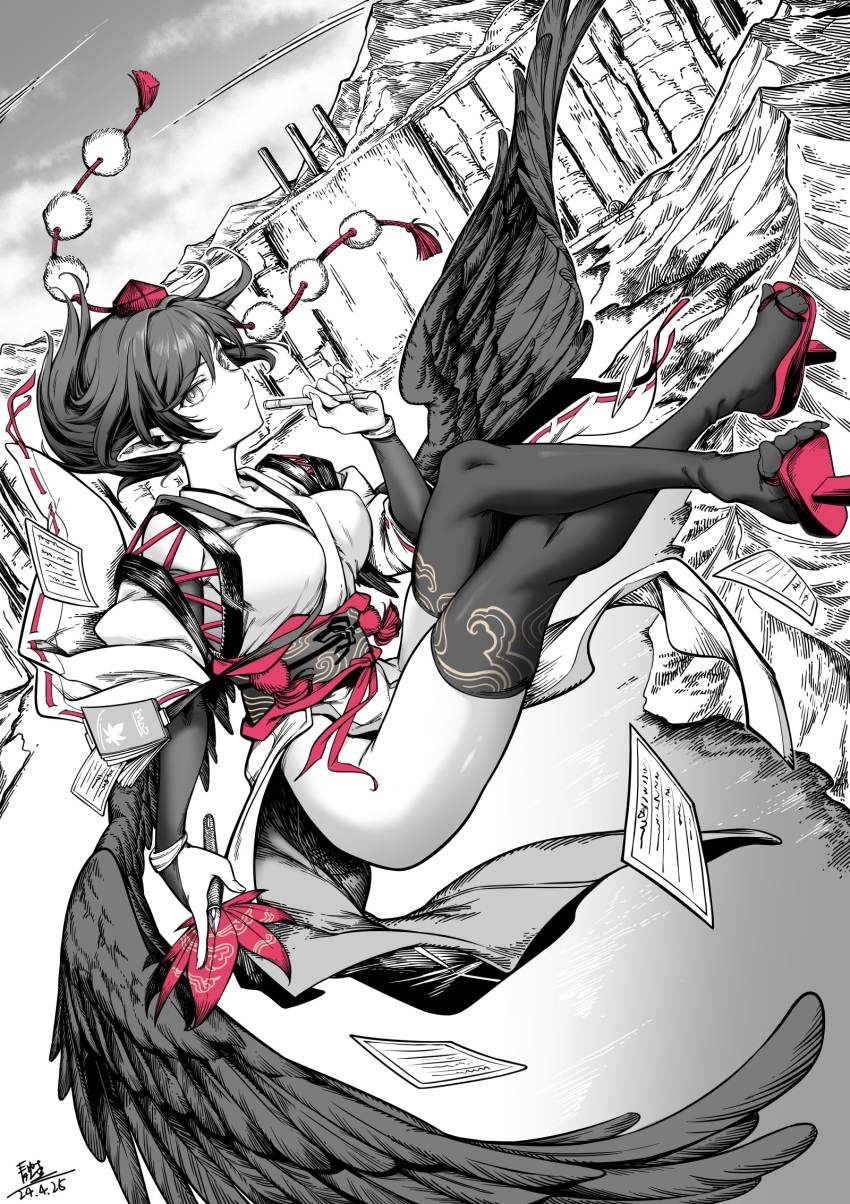 1girl bird_wings black_hair black_thighhighs black_wings breasts commentary_request detached_sleeves feathered_wings flying flying_paper geta hat hauchiwa highres holding holding_pen japanese_clothes kimono kourindou_tengu_costume legs limited_palette long_sleeves medium_breasts mountain_of_faith notebook obi outdoors paper pelvic_curtain pen pen_nib pointy_ears pom_pom_(clothes) qingwa_chi_she red_footwear red_hair red_hat red_sash sash shameimaru_aya short_hair side_slit solo tassel tengu-geta thighhighs toes touhou traditional_media wide_sleeves wings youkai_mountain