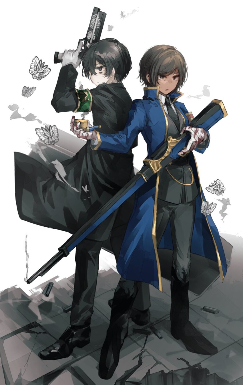 1boy 1girl animal_print armband back-to-back bags_under_eyes black_boots black_coat black_eyes black_hair blood blood_on_hands blue_coat boots broken brown_eyes brown_hair bug butterfly coat coffin crumbling e.g.o_(project_moon) full_body gloves green_armband gun hand_up handgun highres holding holding_coffin holding_gun holding_smoking_pipe holding_weapon insect kinugasa0400 kuroshitsuji limbus_company looking_at_viewer magic_bullet_(e.g.o) outis_(project_moon) project_moon red_armband rifle short_hair smoking smoking_pipe sniper_rifle solemn_lament_(e.g.o) standing tile_floor tiles weapon white_butterfly white_gloves yi_sang_(project_moon)