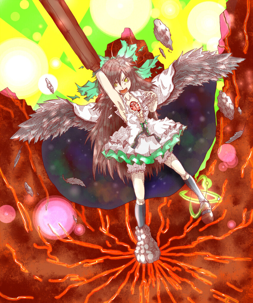 1girl arm_cannon armpits atom black_socks bloomers bow breasts brown_hair brown_shoes brown_wings cape cleavage collared_shirt commentary_request control_rod_(touhou) danmaku feathered_wings floating_rock full_body green_bow green_skirt hair_bow highres long_hair looking_at_viewer mary_janes medium_breasts open_mouth print_cape red_eyes reiuji_utsuho shika_miso shirt shoes skirt socks solo starry_sky_print third_eye torn_clothes torn_shirt touhou two-sided_cape two-sided_fabric underwear very_long_hair weapon white_bloomers white_cape white_shirt wings yellow_eyes