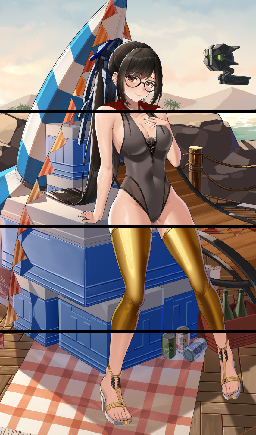 absurdres arm_support armpit_crease bare_shoulders beach beach_umbrella black-framed_eyewear black_hair black_leotard blue_sky blush bottle boulder box breasts brown_eyes bunting can chinese_commentary cleavage closed_mouth closed_umbrella cloud commentary commentary_request cooler covered_navel drawstring drink_can earrings english_commentary eve_(stellar_blade) full_body glasses gluteal_fold gold_thighhighs groin hand_on_own_chest high_heels high_ponytail highleg highleg_leotard highres hill hood hood_down hooded_leotard jewelry jfzm001 lace leaning_back leotard long_hair looking_at_viewer looking_to_the_side medium_breasts mixed-language_commentary on_box outdoors picnic_blanket pigeon-toed ponytail round_eyewear sideways_glance sitting sitting_on_box sky sleeveless smile stellar_blade stiletto_heels straight_hair string_of_flags swept_bangs thighs tree umbrella unzipped variant_set wooden_floor zipper zipper_pull_tab