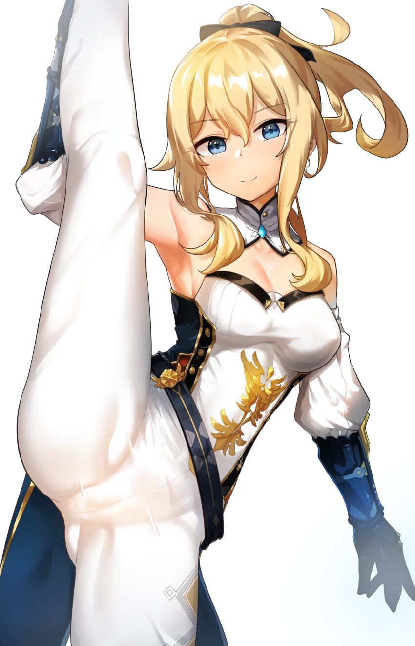 1girl absurdres bare_shoulders blonde_hair blue_eyes breasts cameltoe cleavage detached_collar detached_sleeves genshin_impact gloves hair_between_eyes highres jean_(genshin_impact) long_hair looking_at_viewer medium_breasts pants ponytail simple_background smile solo split standing standing_on_one_leg standing_split white_background white_pants wweed