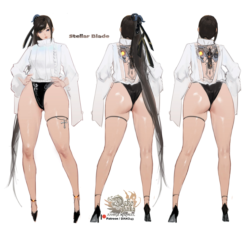 1girl artist_logo ass back_cutout black_hair blunt_bangs breasts clothing_cutout commentary copyright_name english_commentary eve_(stellar_blade) hair_ornament hands_on_own_hips highleg highres hu_dako huge_ass logo long_hair mechanical_spine multiple_views patreon_username ponytail stellar_blade sweater thick_thighs thigh_strap thighs very_long_hair white_background white_sweater wide_hips