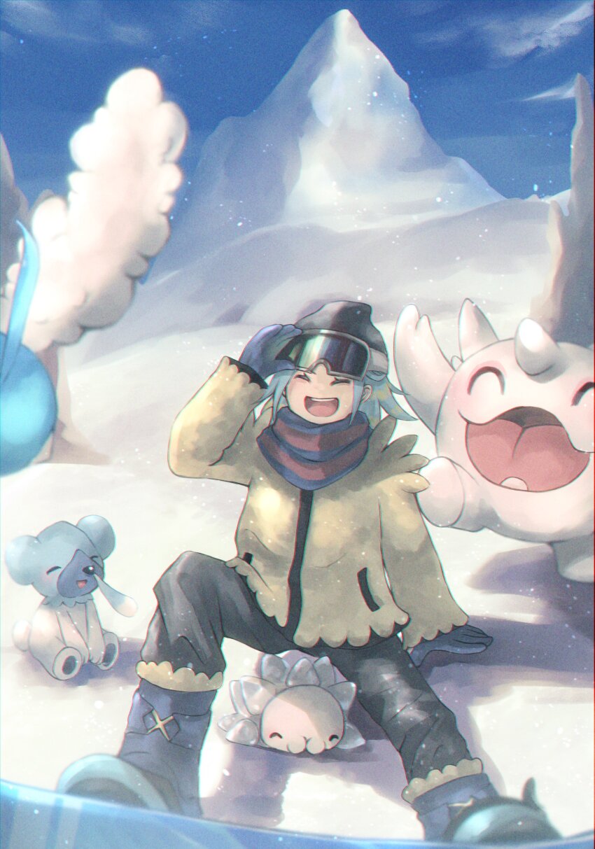 1boy :d absurdres arm_support beanie blue_footwear blue_gloves boots cetoddle closed_eyes cloud commentary_request cubchoo day eyelashes gen_3_pokemon gen_5_pokemon gen_8_pokemon gloves grusha_(pokemon) hat highres jacket male_focus nintendo open_mouth outdoors pants pokemon pokemon_(creature) pokemon_sv scarf shiruko_(s1ruko) sitting sky smile snom snow striped_clothes striped_scarf swablu teeth tongue upper_teeth_only yellow_jacket