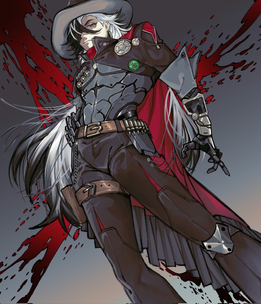 1boy belt belt_buckle black_hair black_hat boothill_(honkai:_star_rail) brown_belt buckle closed_mouth cyborg ear_piercing earrings hair_over_one_eye hat highres honkai:_star_rail honkai_(series) jewelry long_hair male_focus multicolored_hair piercing police_badge shrug_(clothing) sinonome_www solo split-color_hair thigh_strap two-tone_hair white_hair zipper
