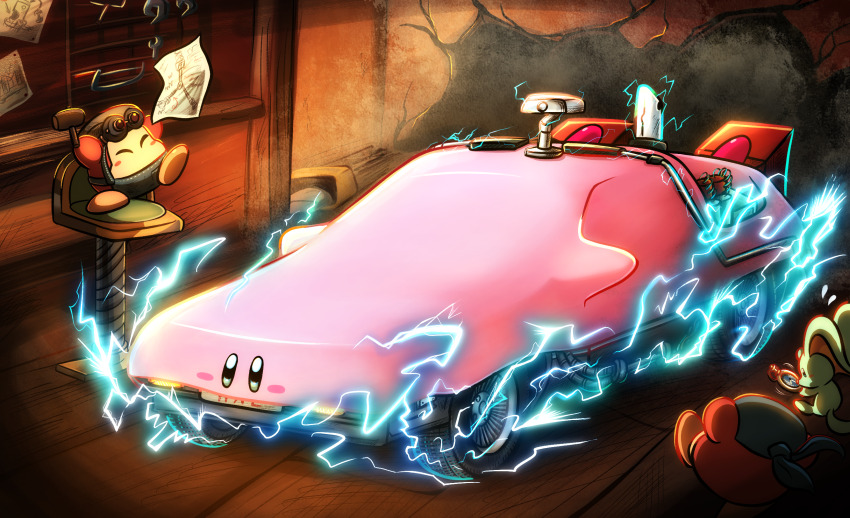 back_to_the_future bandana bandana_waddle_dee blue_bandana blush blush_stickers car car_mouth closed_eyes commentary_request ddddndn delorean electricity elfilin flying_sweatdrops hammer highres holding holding_hammer holding_paper holding_stopwatch indoors kirby kirby_(series) kirby_and_the_forgotten_land motor_vehicle mouthful_mode nintendo no_humans paper stopwatch watch weapons-shop_waddle_dee wooden_floor