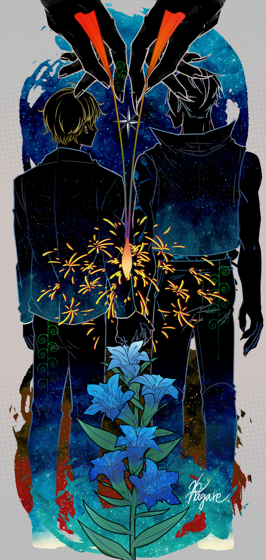 2boys absurdres arm_tattoo bakshi_christensen fingernails fireworks flower from_behind giancarlo_bourbon_del_monte highres holding_hands lily_(flower) looking_at_another lucky_dog_1 male_focus multiple_boys nagare26 night pants sharp_fingernails short_hair signature sleeveless sleeveless_jacket sparkler star_(sky) tattoo yaoi