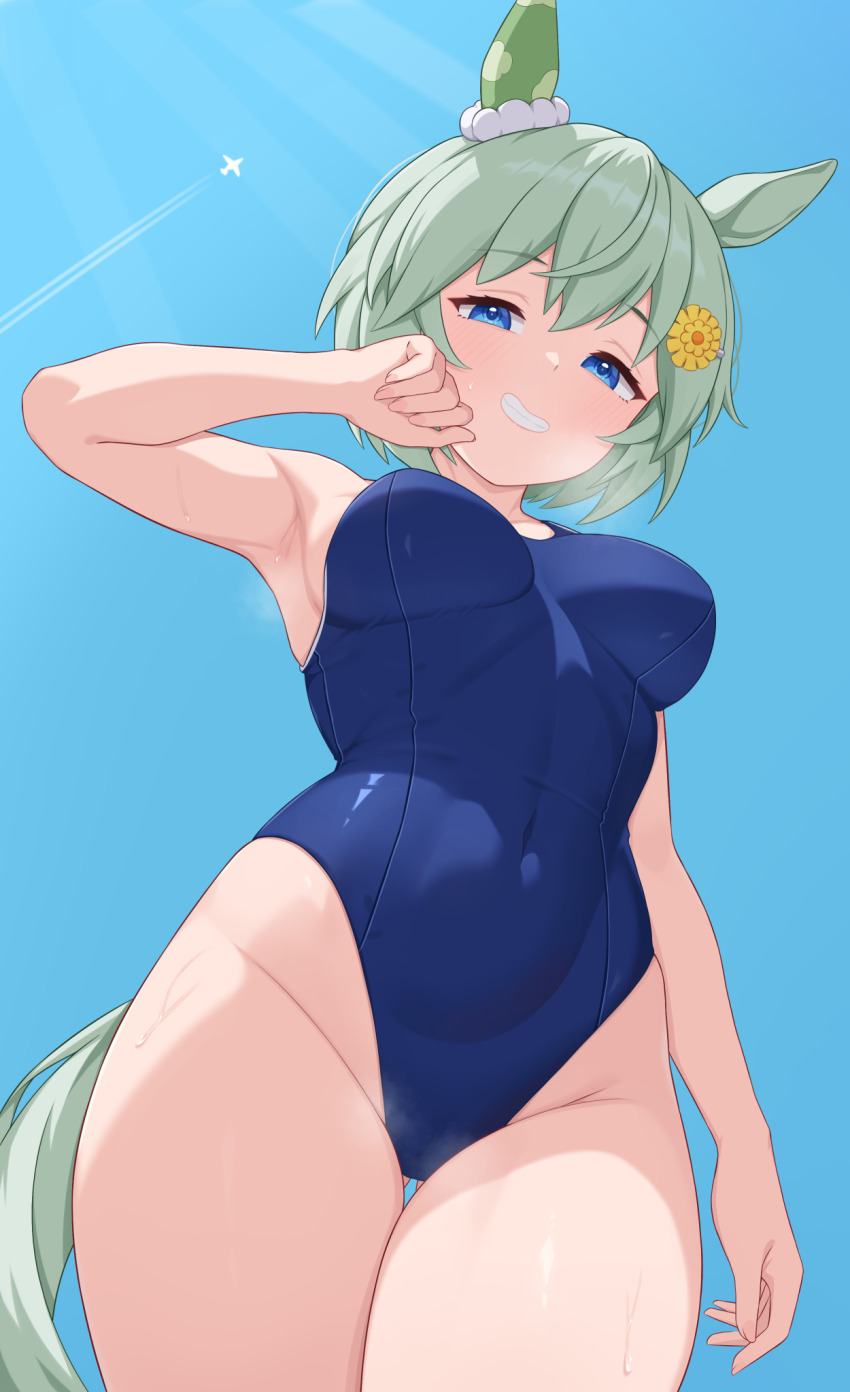 1girl aircraft airplane animal_ears armpits blue_eyes blue_sky breasts contrail covered_navel cowboy_shot gluteal_fold grey_hair grin hair_between_eyes heavy_breathing highres horse_ears horse_girl horse_tail light_rays linea_alba looking_at_viewer medium_breasts one-piece_swimsuit paid_reward_available seiun_sky_(umamusume) short_hair sky smile solo steaming_body sunbeam sunlight sweat swimsuit tail thigh_gap tsubame_tien umamusume