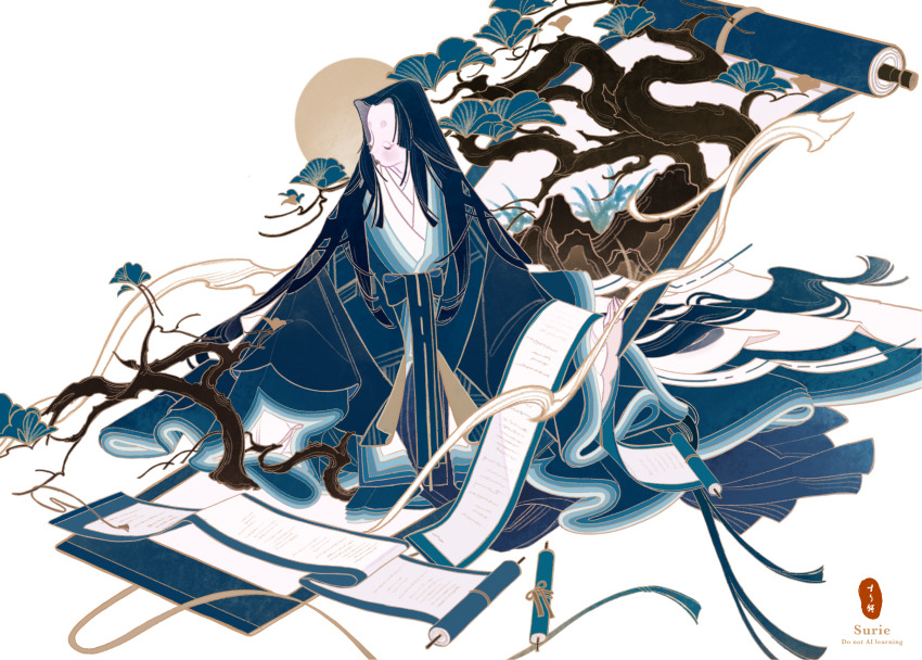 1girl absurdres artist_name blue_theme blush branch closed_eyes highres hime_cut holding japanese_clothes karaginu_mo kimono layered_kimono limited_palette long_hair manaita_obi original parody scroll signature sitting style_parody surie very_long_hair