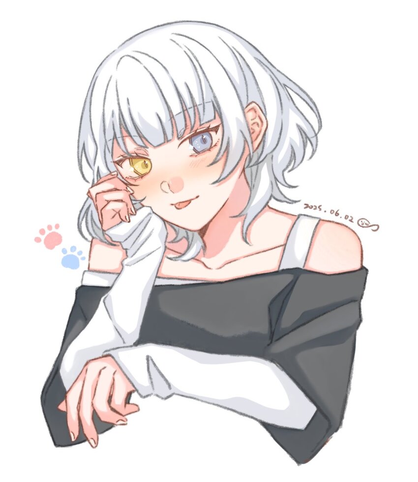1girl bang_dream! bang_dream!_it&#039;s_mygo!!!!! black_shirt blush chinese_commentary collarbone commentary_request dated heterochromia highres kaname_raana layered_sleeves long_sleeves looking_at_viewer off_shoulder shirt short_hair short_over_long_sleeves short_sleeves simple_background solo tongue tongue_out white_background white_hair white_shirt yuyuyang0402