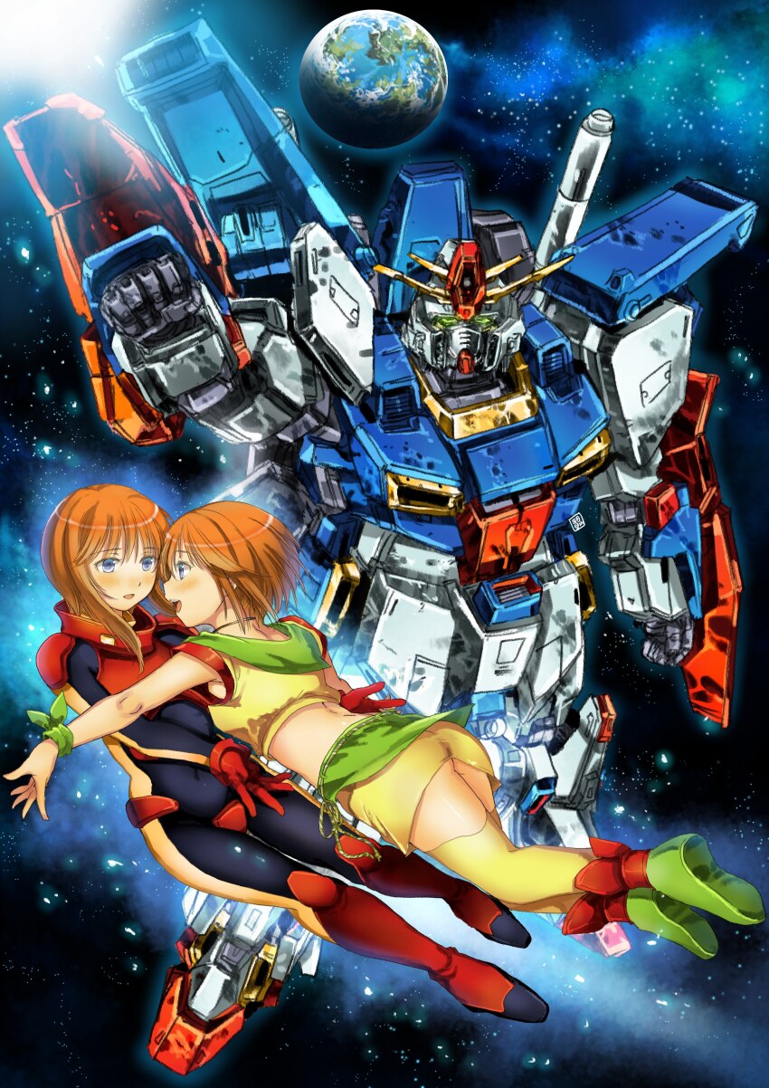 2girls absurdres black_bodysuit bodysuit clenched_hands earth_(planet) elpeo_puru floating garimpeiro gundam gundam_zz highres looking_at_viewer mecha mobile_suit multiple_girls open_mouth orange_hair pilot_suit planet puru_two robot shirt short_hair skirt sleeveless sleeveless_shirt smile space v-shaped_eyebrows yellow_shirt yellow_skirt zz_gundam