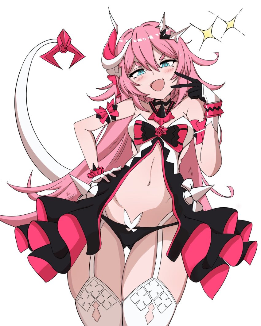 1girl :d armband babydoll black_babydoll black_gloves black_panties blue_eyes blush breasts bright_pupils commentary cowboy_shot english_commentary fang frilled_armband frills garter_straps gloves gluteal_fold hair_between_eyes half-closed_eyes hand_on_own_hip hand_up highres honkai_(series) honkai_impact_3rd horns lizard_tail loli long_hair long_tail looking_at_viewer navel open_mouth panties pink_hair pink_horns qoqo rozaliya_olenyeva simple_background single_horn skin_fang slit_pupils small_breasts smile smug solo sparkle standing tail thigh_gap thighhighs thighs underwear v v_over_mouth very_long_hair white_background white_garter_straps white_pupils white_tail white_thighhighs zettai_ryouiki