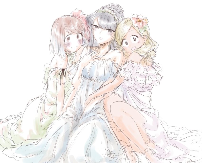 3girls black_eyes black_hair dark-skinned_female dark_skin dress flower girl_sandwich hair_flower hair_ornament komi-san_wa_komyushou_desu komi_shouko long_hair looking_at_viewer manbagi_rumiko mitsugu multiple_girls sandwiched shibuki_ase smile white_background