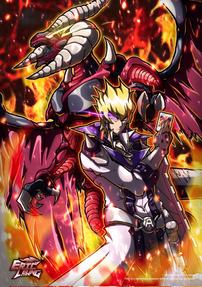 1boy blonde_hair card coat corrupted_twitter_file cowboy_shot dragon duel_disk eric_leung274389310 fire highres holding holding_card jack_atlas jewelry male_focus pendant purple_eyes red_dragon_archfiend trading_card white_coat yu-gi-oh! yu-gi-oh!_5d&#039;s