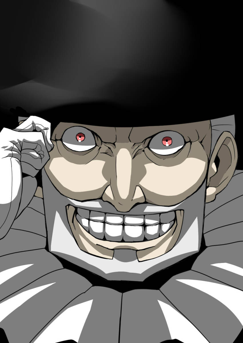 1990s_(style) 1boy beard close-up cowboy_bebop crazy crazy_eyes crazy_smile pet_cone facial_hair gloves grin hand_on_head hat hat_tip highres mad_pierrot male_focus mustache neck_ruff old old_man red_eyes shaded_face smile solo teeth top_hat tukiwani white_gloves white_hair