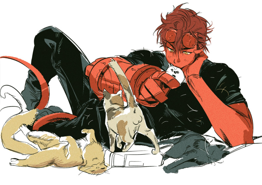2boys anus atie1225 cat cat_testicles colored_skin cookie eating food hellboy hellboy_(comic) highres horns lying male_focus multiple_boys on_side pants red_hair red_skin shirt short_hair tail toned toned_male white_background yellow_eyes