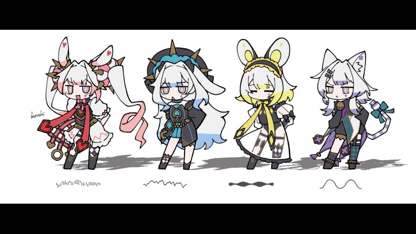 4girls animal_ears aroshi_ygo_0 artist_name blonde_hair blue_hair chibi closed_eyes duel_monster gradient_hair hair_intakes hair_ornament highres maliss_&lt;p&gt;_chessy_cat maliss_&lt;p&gt;_dormouse maliss_&lt;p&gt;_march_hare maliss_&lt;p&gt;_white_rabbit multicolored_hair multiple_girls open_mouth pink_hair purple_hair see-through_clothes showgirl_skirt standing tail twintails white_hair yu-gi-oh! yu-gi-oh!_master_duel
