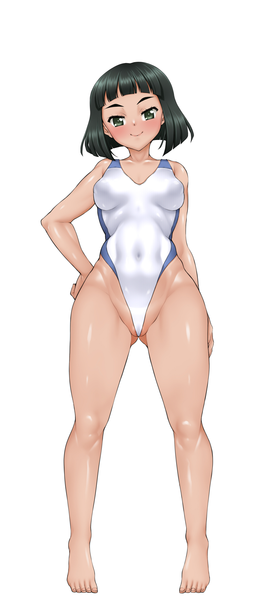 1girl black_hair blush breasts breasts_apart closed_mouth covered_navel full_body girls_und_panzer green_eyes hand_on_own_hip highleg looking_at_viewer medium_breasts nishihara_yasoko one-piece_swimsuit shiromitsu_suzaku short_hair simple_background smile solo swimsuit white_background white_one-piece_swimsuit