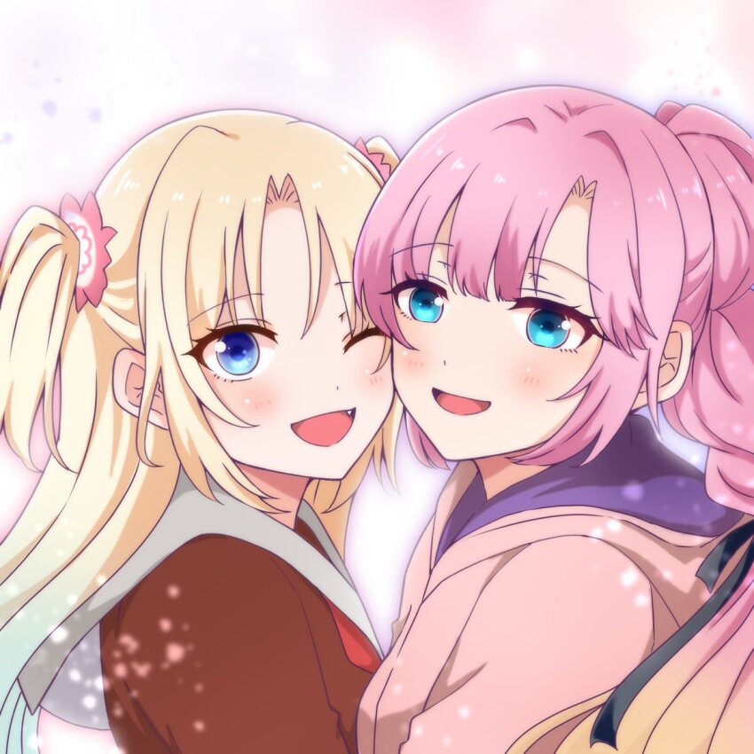 2girls ;d anyoji_hime black_ribbon blonde_hair blue_hair blush brown_dress commentary curtained_hair dress fang gradient_hair grey_sailor_collar gu_(soruto) hair_ribbon hasu_no_sora_school_uniform highres hood hooded_jacket jacket link!_like!_love_live! long_hair looking_at_viewer love_live! mira-cra_park! multi-tied_hair multicolored_hair multiple_girls neckerchief one_eye_closed open_mouth osawa_rurino outer_glow parted_bangs pink_background pink_hair pink_jacket ponytail red_neckerchief ribbon sailor_collar sailor_dress school_uniform smile twintails two-tone_hair upper_body virtual_youtuber