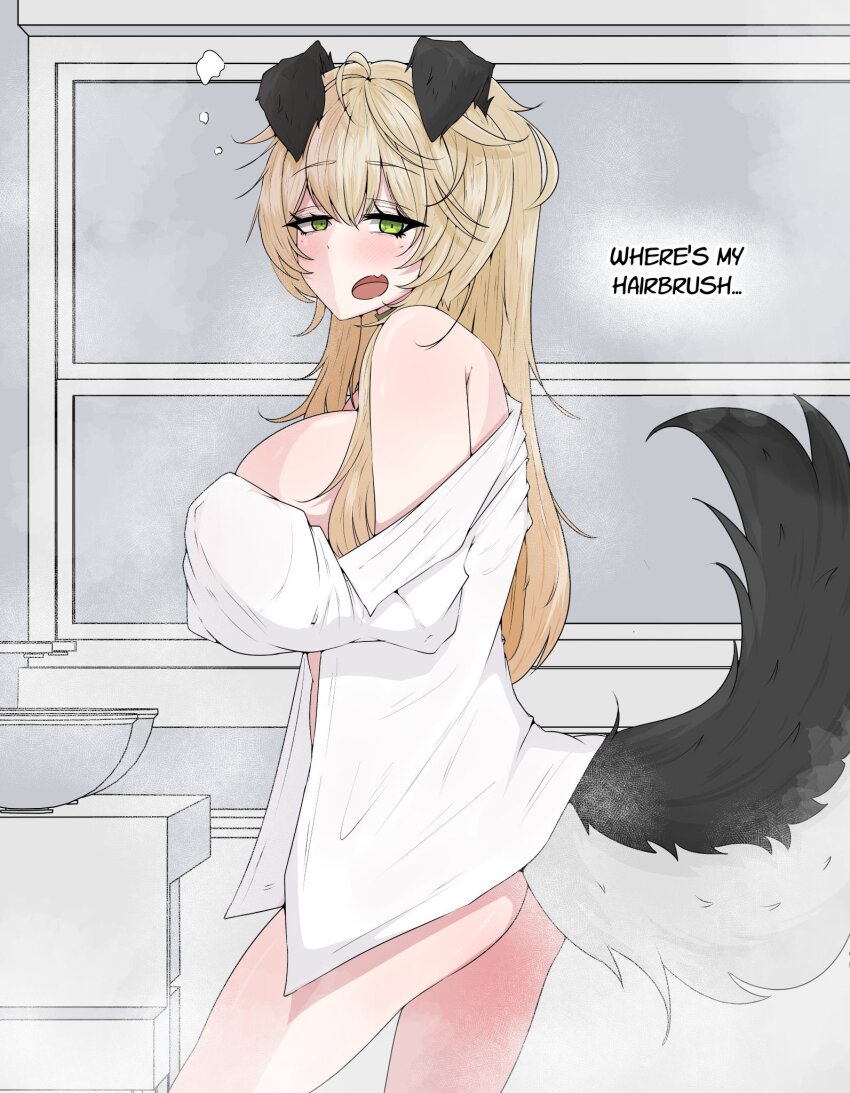 1girl adoresoul animal_ears bare_shoulders bathroom blonde_hair blush bottomless breasts commentary commission cowboy_shot dog_ears dog_girl dog_tail double-parted_bangs english_commentary english_text fang from_side green_eyes highres indoors large_breasts long_hair long_sleeves looking_at_viewer mayoa naked_shirt open_mouth original shirt shirt_partially_removed skin_fang solo squeans tail white_shirt