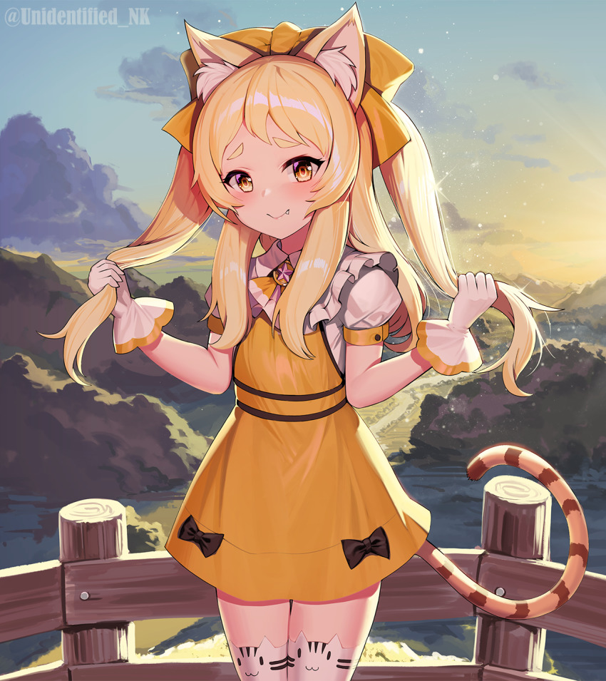 1girl alternate_hairstyle animal_ear_fluff animal_ear_legwear animal_ears black_bow blonde_hair blush bow brown_bow brown_dress cat_ear_legwear cat_ear_thighhighs cat_ears cat_girl cat_tail cat_thighhighs closed_mouth cloud commentary_request dress fang fang_out gloves hair_bow highres holding holding_own_hair long_hair looking_at_viewer matsuri_(princess_connect!) outdoors princess_connect! puffy_short_sleeves puffy_sleeves railing shirt short_sleeves sky sleeveless sleeveless_dress smile solo standing striped_tail sunset tail thick_eyebrows thighhighs twitter_username two_side_up unidentified_nk white_gloves white_shirt white_thighhighs yellow_eyes