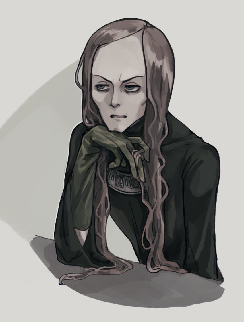1boy black_robe brown_background brown_hair commentary cropped_torso elbow_rest enki_(fear_&amp;_hunger) fear_&amp;_hunger_(series) fear_&amp;_hunger_1 forehead gloves green_gloves head_rest highres kingjoshua long_hair long_sleeves parted_lips playing_with_own_hair procreate_(medium) robe solo