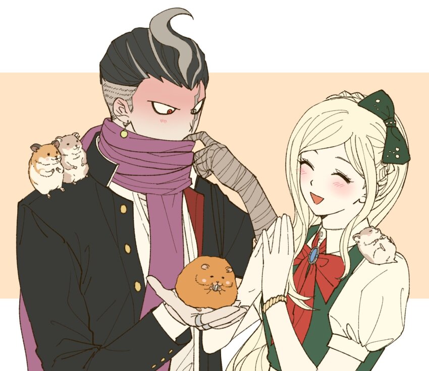 1boy 1girl :d ^_^ adjusting_scarf animal animal_on_shoulder bandaged_arm bandages bibi_(p_pp8888) black_bow black_hair black_jacket blonde_hair blue_brooch blush bow bowtie bracelet braid buttons closed_eyes collared_shirt covered_mouth danganronpa_(series) danganronpa_2:_goodbye_despair earrings grey_eyes grey_hair hair_behind_ear hair_bow hamster hamster_on_shoulder heterochromia highres holding holding_animal jacket jewelry layered_sleeves letterboxed long_hair long_sleeves looking_down multicolored_hair open_clothes open_jacket open_mouth orange_background outside_border own_hands_together puffy_short_sleeves puffy_sleeves purple_scarf red_bow red_bowtie red_eyes ring scar scar_across_eye scar_on_face scarf shirt short_hair short_sleeves simple_background smile sonia_nevermind streaked_hair tanaka_gundham two-tone_hair upper_body white_shirt