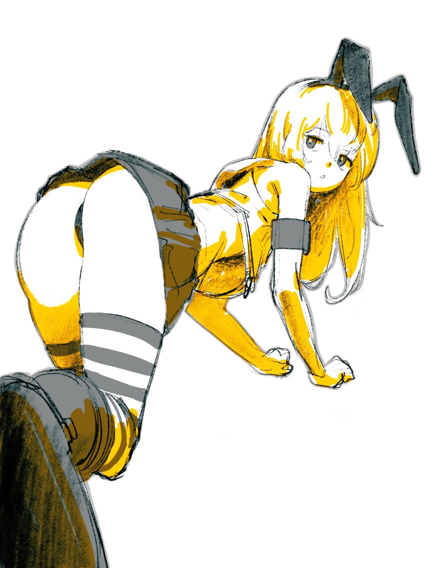 1girl all_fours ass commentary_request crop_top expressionless highres kantai_collection long_hair looking_at_viewer looking_back miniskirt panties saitama_(antitankromeo) shimakaze_(kancolle) sketch skirt solo underwear yellow_theme