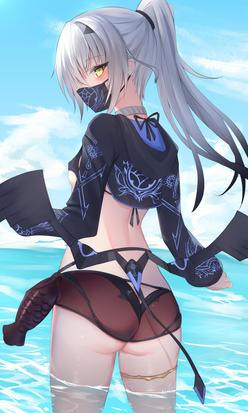 1girl absurdres ass bikini black_bikini black_jacket breasts cropped_jacket fate/grand_order fate_(series) highres jacket long_hair looking_at_viewer low_wings mask melusine_(fate) melusine_(swimsuit_ruler)_(fate) melusine_(swimsuit_ruler)_(first_ascension)_(fate) mouth_mask nagine partially_submerged ponytail small_breasts solo swimsuit tail water white_hair wings yellow_eyes