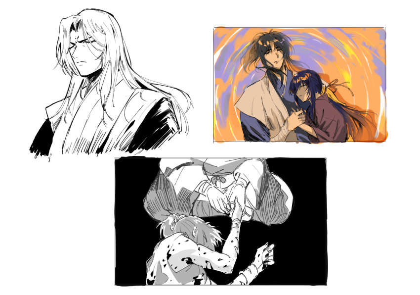 2girls 3boys basilisk basilisk_(manga) black_background blood blood_on_arm blue_kimono border breasts closed_eyes couple dougi furrowed_brow geolu hair_between_eyes hair_ribbon hetero highres holding_hands iga_oboro japanese_clothes kimono kouga_gennosuke low_ponytail medium_breasts multiple_boys multiple_girls muroga_hyouma okoi parted_bangs ponytail ribbon ripples sidelocks sitting upper_body white_border yellow_ribbon