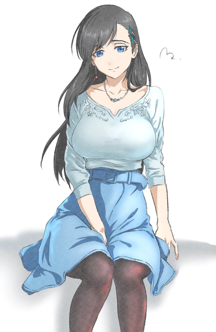 1girl asymmetrical_bangs belt between_legs black_hair black_pantyhose blue_belt blue_eyes blue_skirt breasts burn_the_witch commentary_request earrings grey_shirt hair_ornament hairpin hand_between_legs highres invisible_chair jewelry large_breasts long_hair long_skirt looking_at_viewer mitsugu necklace niihashi_noel pantyhose shirt shirt_tucked_in simple_background single_earring sitting skirt smile solo