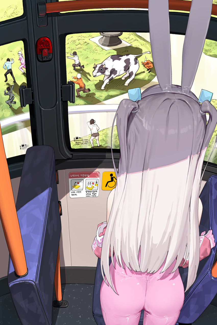 1girl 6+boys absurdres animal_ears bare_shoulders bodysuit bus bus_interior commentary cow crotch_zipper dduck_kong faceless faceless_male fisheye from_inside grey_hair hand_grip highres latex latex_bodysuit long_hair long_sleeves looking_outside lying meme motor_vehicle multiple_boys on_floor on_ground on_side original parody pink_bodysuit rabbit_ears scene_reference standing super_bunny_(dduck_kong) symbol-only_commentary translation_request twintails very_long_hair window yamcha_pose_(meme) zipper