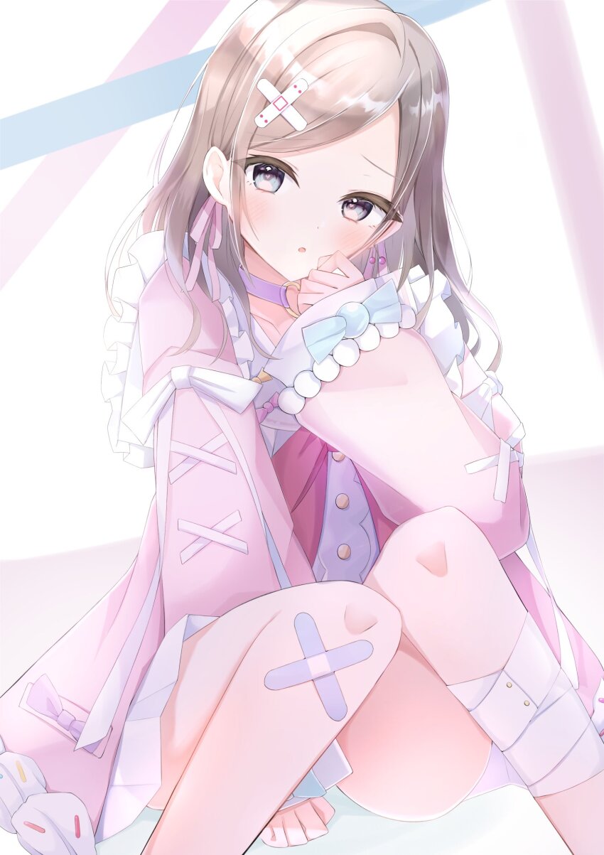 1girl :o arm_between_legs bandaged_leg bandages bandaid bandaid_hair_ornament blue_eyes blush ceras_yanagida_lilienfeld cherry_earrings choker coat_dress collarbone commentary_request cosplay crossed_bandaids dress earrings feet_out_of_frame food-themed_earrings food_themed_earrings frilled_dress frills grey_hair hair_intakes hair_ornament hair_ribbon hakuchu_a_la_mode hand_up heart heart_o-ring heart_ring_choker highres jewelry link!_like!_love_live! long_hair long_sleeves love_live! maddo_(gasser_0518) o-ring o-ring_choker osawa_rurino osawa_rurino_(cosplay) parted_lips pink_dress pink_ribbon purple_choker ribbon sidelocks single_earring solo virtual_youtuber white_background x_hair_ornament