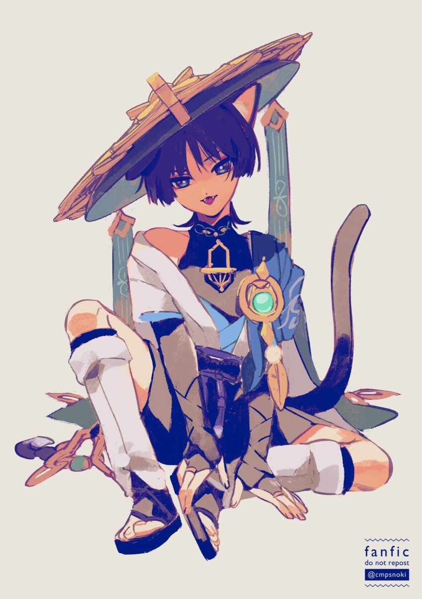 1boy animal_ears aqua_gemstone armor black_bodysuit black_bow black_bridal_gauntlets black_eyes black_hair black_leggings black_sandals black_shorts blue_cape blue_hat blue_kimono blue_sleeves bodysuit bow bridal_gauntlets bright_pupils cape cat_boy cat_ears cat_tail cmpsnoki covered_collarbone eyeliner eyeshadow fangs feathers genshin_impact gold gold_ring grey_background grey_hat han&#039;eri hat highres japanese_armor japanese_clothes jingasa kimono knee_up kote kurokote layered_kimono layered_sleeves leg_warmers leggings makeup male_focus mandarin_collar middle_ring open_clothes open_hands open_kimono pom_pom_(clothes) purple_sash red_eyeliner red_eyeshadow sandals sash scaramouche_(genshin_impact) short_sleeves shorts single_off_shoulder sitting solo tail tassel tilted_headwear toeless_legwear toenails toes tongue tongue_out tsurime twitter_username two-sided_fabric two-sided_headwear vision_(genshin_impact) wanderer_(genshin_impact) watermark white_kimono white_leg_warmers white_pupils white_sleeves white_trim yellow_feathers zouri