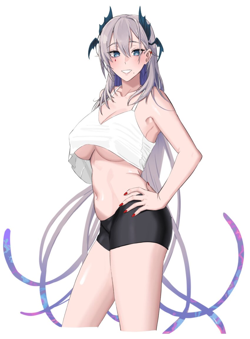 1girl black_shorts blue_eyes breasts cleavage collarbone colored_inner_hair ear_ornament grey_hair hand_on_own_hip head_wings highres horizontal_pupils indie_virtual_youtuber kuon_bb long_hair looking_at_viewer mole mole_under_mouth multicolored_hair navel pochimaru_(vtuber) purple_hair red_nails short_shorts shorts solo teardrop_facial_mark tentacle_hair virtual_youtuber wings