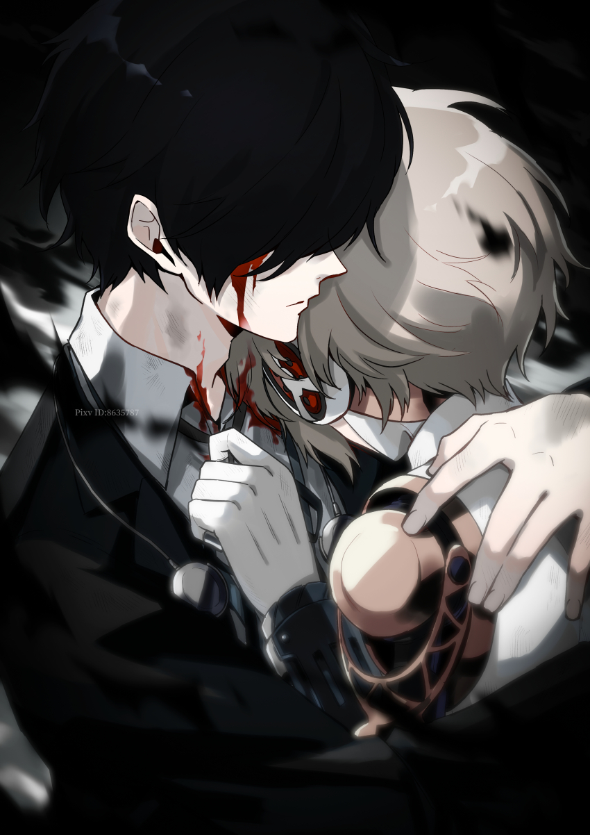 1boy 1girl absurdres aigis_(persona) android black_hair blonde_hair blood blood_on_face eme_(204) gekkoukan_high_school_uniform hair_over_eyes headphones highres hug joints persona persona_3 robot_joints school_uniform short_hair yuuki_makoto_(persona_3)