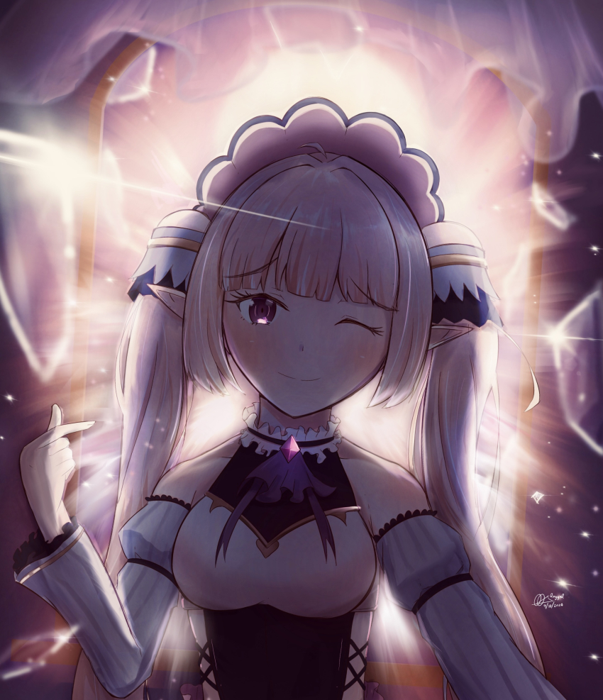 1boy ahoge artist_request bare_shoulders blonde_hair blush bow bowtie broken_glass chest_jewel curtains detached_sleeves elf eyelashes glass hair_ornament headdress lens_flare long_hair mirror one_eye_closed pointing pointing_at_self pointy_ears princess_connect! purple_eyes shaded_face side_bangs smile sparkle sparkle_background trap twintails yuki_(princess_connect!)