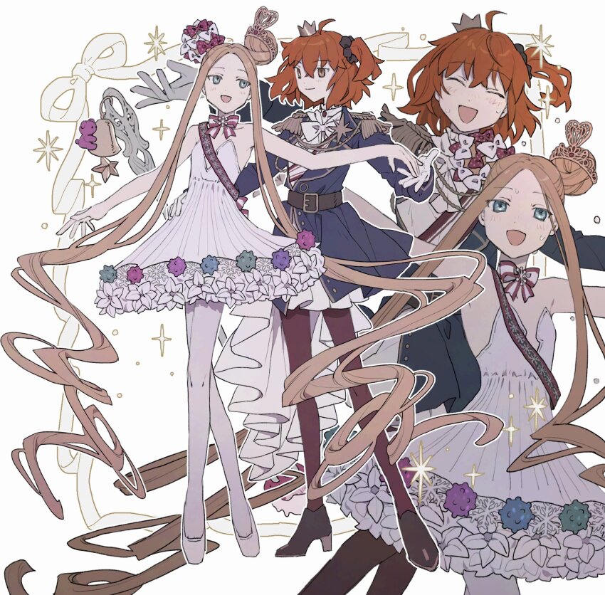 2girls abigail_williams_(fate) abigail_williams_(santa)_(fate) belt blonde_hair blue_eyes closed_eyes dancing double_bun dress epaulettes fate/grand_order fate_(series) flat_chest fujimaru_ritsuka_(female) fujimaru_ritsuka_(female)_(halloween_royalty) full_body hair_bun highres jacket long_hair looking_at_another m_12170 multiple_girls multiple_views one_side_up open_mouth orange_hair pantyhose short_hair smile very_long_hair white_dress white_pantyhose