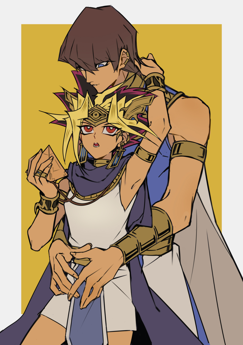 2boys absurdres ancient_egyptian ancient_egyptian_clothes armlet atem blonde_hair blue_eyes blue_robe border bracelet brown_hair cape choker circlet colored_bangs earrings eye_of_horus gold_armlet gold_bracelet gold_choker gold_circlet gold_ring grey_border highres hug hug_from_behind jewelry jingshen_fensui looking_at_another male_focus millennium_puzzle multicolored_hair multiple_boys necklace open_mouth pharaoh priest_seto purple_cape red_eyes ring robe saka_nagiya shendyt simple_background sleeveless spiked_hair two-tone_background upper_body white_cape white_robe yaoi yellow_background yu-gi-oh! yu-gi-oh!_duel_monsters