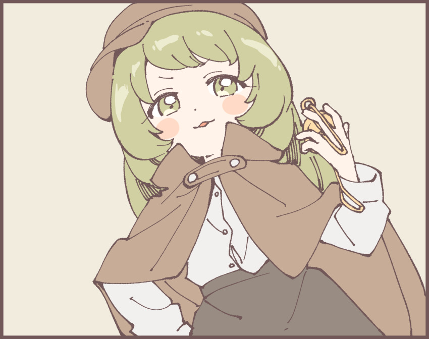 1girl :3 black_border black_skirt blush_stickers border brown_cape brown_hat bucket_hat buttons cape dutch_angle from_below green_eyes green_hair grey_background hand_on_own_hip hat high-waist_skirt highres holding holding_pocket_watch long_hair long_sleeves looking_at_viewer namori open_mouth original pocket_watch shirt simple_background skirt smug solo v-shaped_eyebrows watch white_shirt