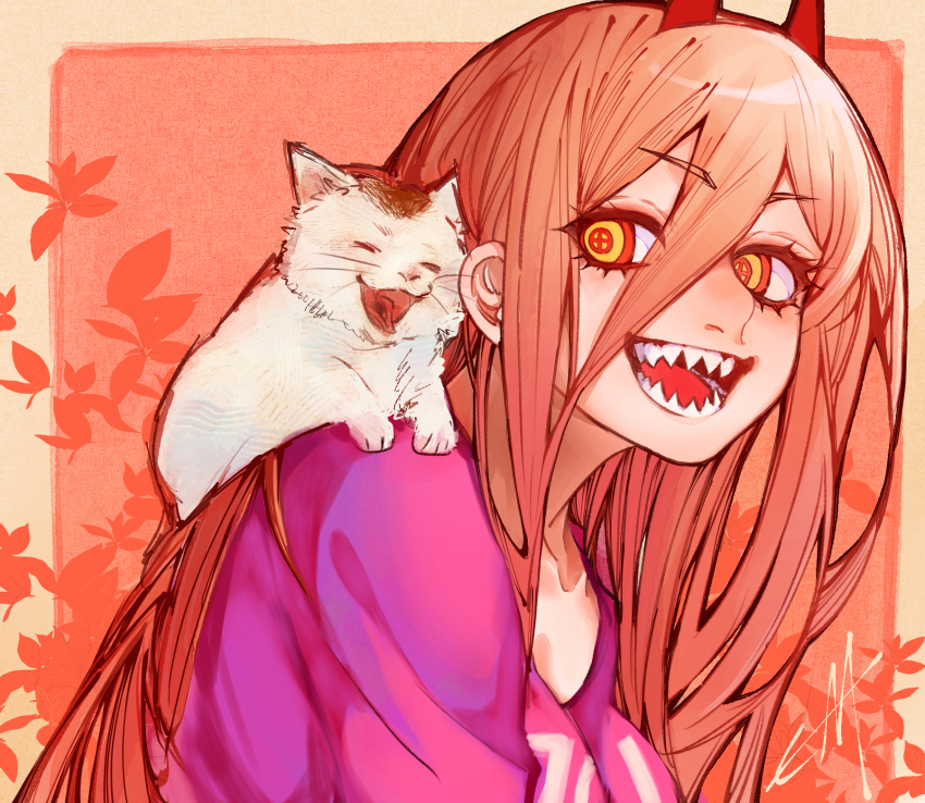 1girl animal animal_on_shoulder cat cat_on_shoulder chainsaw_man cross-shaped_pupils demon_girl demon_horns ema_ema39 hair_between_eyes highres horns long_hair long_hair_between_eyes meowy_(chainsaw_man) open_mouth orange_hair power_(chainsaw_man) purple_shirt red_horns sharp_teeth shirt solo symbol-shaped_pupils teeth yellow_eyes