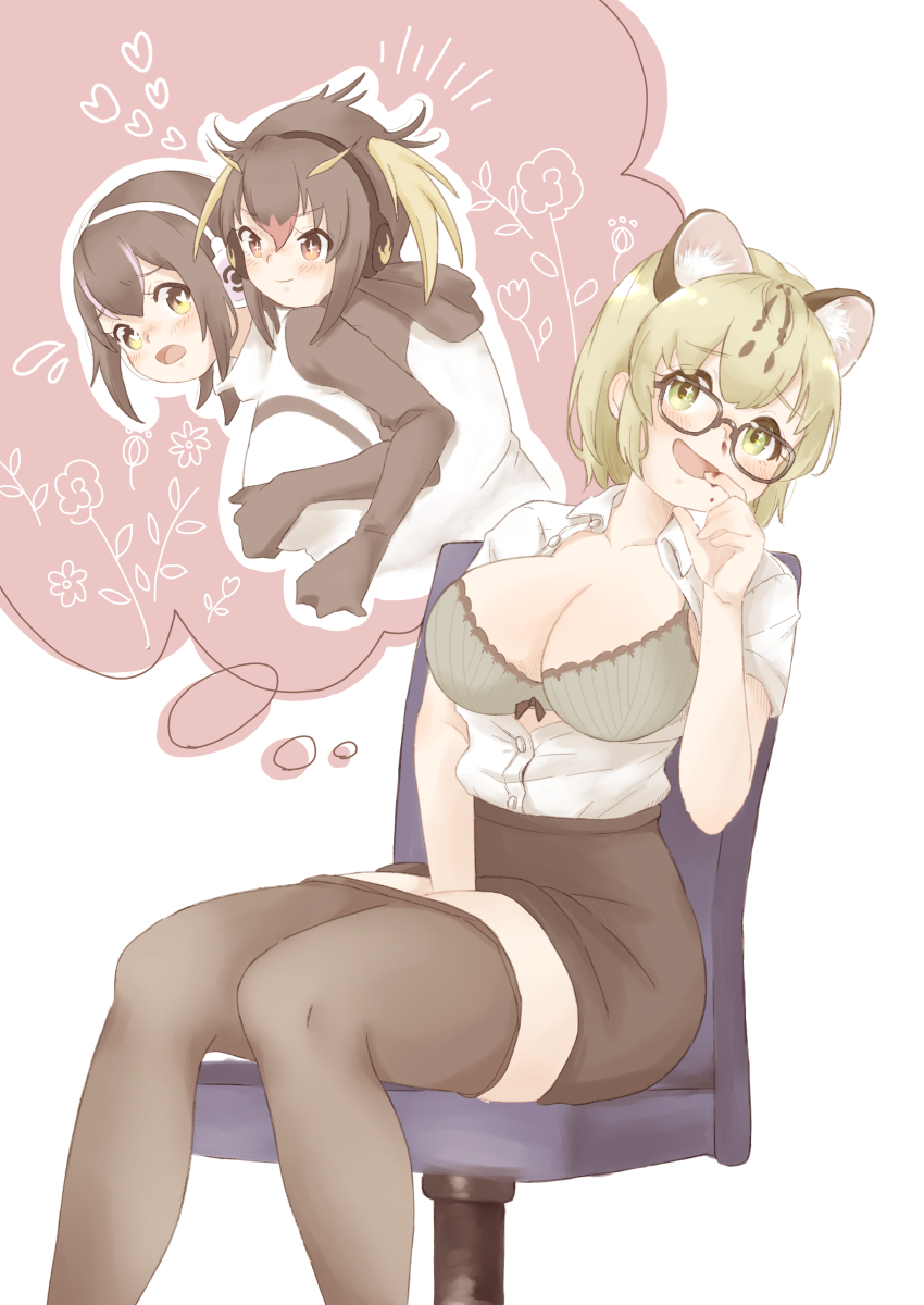 0nanaten 3girls :d absurdres alternate_costume animal_ear_fluff animal_ears aroused_nosebleed bare_arms between_legs black-framed_eyewear black_hair black_pantyhose black_skirt blonde_hair blush bra breasts brown_eyes cat_ears clothes_pull commentary commission dress_shirt feet_out_of_frame flower glasses grabbing_another&#039;s_breast grabbing_from_behind green_eyes grey_bra groping hair_between_eyes hand_between_legs headphones heart heart_in_eye highres himejoshi humboldt_penguin_(kemono_friends) imagining implied_masturbation kemono_friends large_breasts margay_(kemono_friends) multicolored_hair multiple_girls open_clothes open_mouth open_shirt outline pantyhose pantyhose_pull partially_unbuttoned pencil_skirt red_hair rockhopper_penguin_(kemono_friends) shirt short_hair short_sleeves simple_background sitting skeb_commission skirt smile sparkling_eyes symbol_in_eye turtleneck twintails underwear white_background white_outline wing_collar yellow_eyes yuri