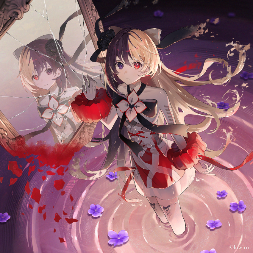 2girls arcaea arm_at_side black_flower black_hair black_rose blonde_hair bow commentary_request copyright_notice crack cracked_glass different_reflection dress flower frown hair_bow hand_up heterochromia highres looking_at_viewer maya_(arcaea) mirror multicolored_hair multiple_girls necojishi petals purple_eyes purple_flower red_dress red_eyes reflection ripples rose smile split-color_hair thighhighs two-tone_dress wading white_dress white_thighhighs